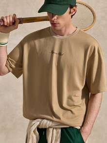 Courvante Men's Slogan Print Round Neck Short Sleeve Casual T-Shirt T Oversized Y2k Clothing Streetwear Beige Graphic Shirt Fall Clothes, Knit Fabric Letter, For Tennis Sport, Father's Day Gift For Father & Boyfriend, Outfits For Men - Khaki - View 7