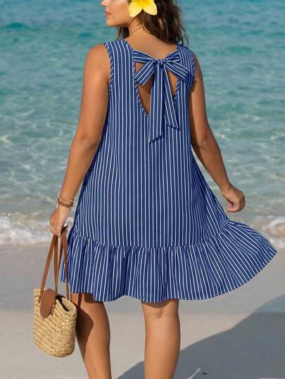 Veykashi Đầm ngắn kẻ sọc dáng rộng thoải mái cho nữ cỡ lớn mùa hè
