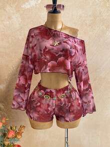 Soleia 2pcs Women Casual All-Over Print Asymmetric Collar Long Sleeve Top And Shorts Set - Multicolor - View 1