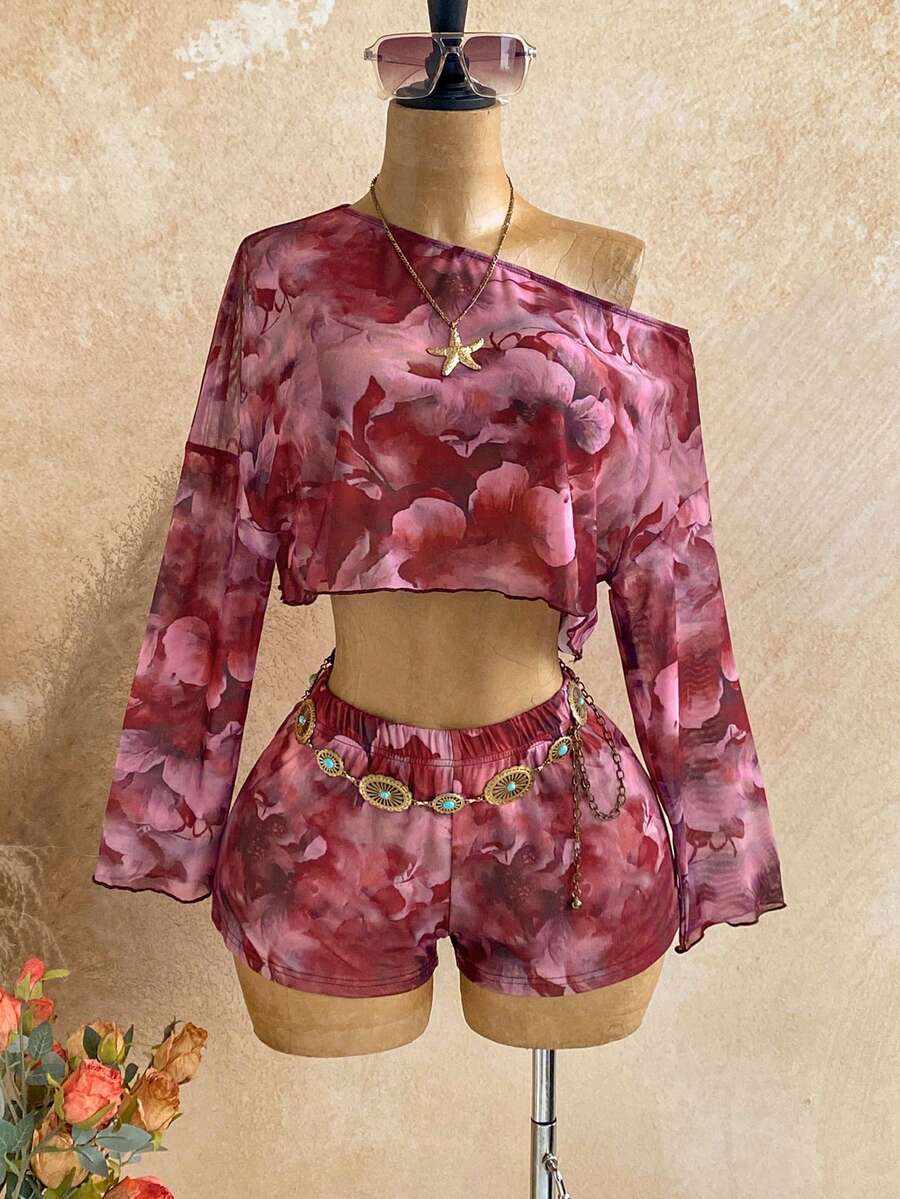 Soleia 2pcs Women Casual All-Over Print Asymmetric Collar Long Sleeve Top And Shorts Set - Multicolor - View 1