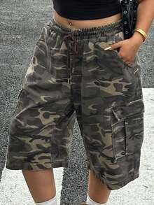 Livesso Plus Size Women Camouflage Loose Wide Leg Cropped Denim Shorts, Spring/Summer - Army Green - View 7