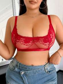 SHEIN Comfortable Lace Floral Sexy & Charming Plus Size Bra & Wireless Bra - Red - View 1