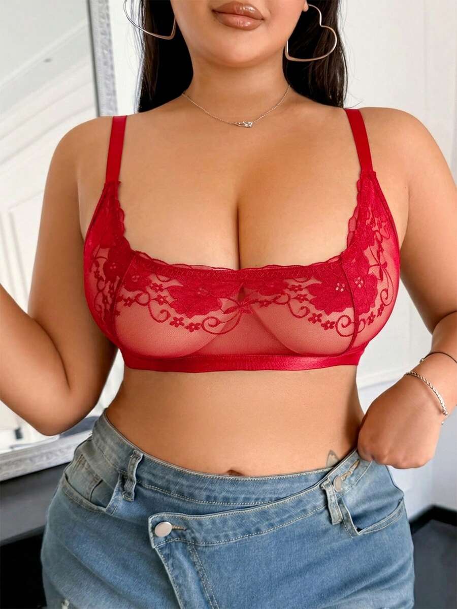 SHEIN Comfortable Lace Floral Sexy & Charming Plus Size Bra & Wireless Bra - Red - View 1