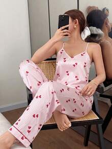 Napfluff 女士仿丝条纹爱心印花吊带背心和裤子睡衣套装 - 彩色 - 查看 6