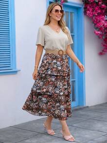 EMERY ROSE Set da 2 pezzi con top a scollo a V e gonna con stampa floreale, taglie comode - Multicolore - Visualizzare 6