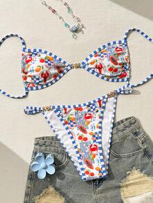 Bộ bikini hai mảnh buộc dây phía trước in hình trái cây, phong cách nghỉ dưỡng tươi mát. - Nhiều màu - Xem 5