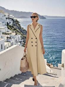 SHEIN Holidaya Women's Beige Sleeveless Casual French Elegant Dress With Trim, Collared Waist-Cinched A-Line Midi Dress For Daily Vacation, Commute, Summer - Apricot - View 5