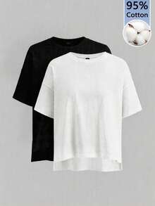 SHEIN Essnce Bộ 2 áo thun nữ tối giản, cơ bản, 95% cotton, tay ngắn trước, lưng dài, kiểu dáng thanh lịch, phù hợp cho các buổi đi chơi, phối đồ, du lịch, nghỉ mát. - Nhiều màu - Xem 3