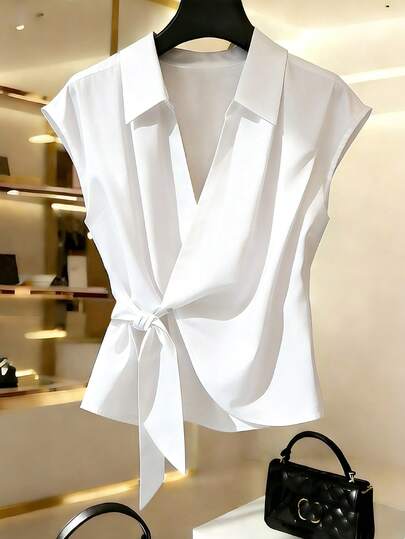 SHEIN Franclia Áo sơ mi nữ màu trắng không tay, cổ bẻ, kiểu dáng thường ngày, màu trơn, phù hợp cho công sở, dạo phố, đi nghỉ mát, tốt nghiệp, đám cưới, giáo viên, nhân viên văn phòng.