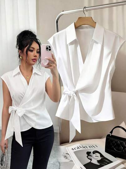 SHEIN Franclia Áo sơ mi nữ màu trắng không tay, cổ bẻ, kiểu dáng thường ngày, màu trơn, phù hợp cho công sở, dạo phố, đi nghỉ mát, tốt nghiệp, đám cưới, giáo viên, nhân viên văn phòng.