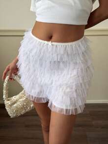 DAZY White Mesh Layered Puff Shorts For Women Summer Date Night Party Cute Fairy - White - View 6