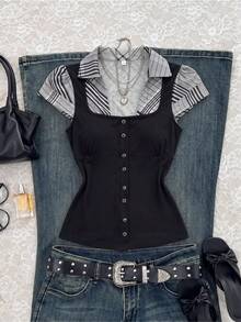 Elamini Women's Black Plaid Patchwork Casual Slim Fit Short Sleeve T-Shirt, Summer - Black - View 3