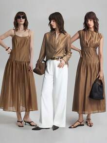 天丝面料，女士卡其色舒适亲肤高品质莱赛尔面料修身吊带U领连衣裙，喇叭裙摆拼接设计，波西米亚海滩度假装扮，乡村音乐节西部风休闲时尚低调复古高端邮轮服饰，简约奢华品质必备单品，百搭商务休闲都市通勤连衣裙，高品质机场女装，季节性百搭长裙 - 卡其色 - 查看 7