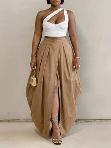 BamGleam 春季情人节新年假期新款纯色A字裙，时尚活泼的度假嘻哈休闲风，适合旅行、日常穿着、返校、派对、度假等场合。 - 卡其色 - 查看 3