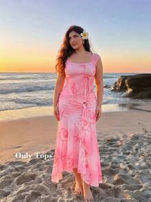 SHEIN MOD Plus Size Women Summer Tropical Ocean Blouse,Pastel Pink Contrast Color Strap Square Neck Beach Holiday Top,Elegant Ribbon Retro Style Tops - Pink - View 8