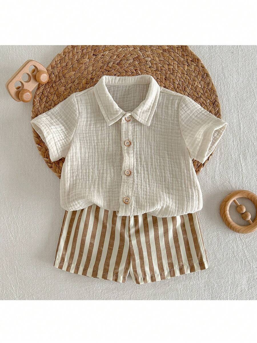 Newborn Baby Girl Solid Color Lapel Short Sleeve Cardigan Shirt And Elastic Waist Shorts 2-Piece Set - Multicolor - View 1