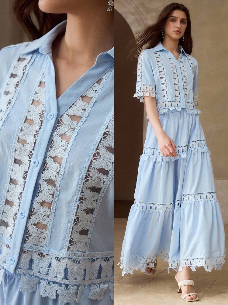 Spring/Summer New Women's Short Sleeve Shirt With Hollow Patchwork, Butterfly Ruffle Trim, Ruffle Hem A-Line Skirt 2 Pieces Set
