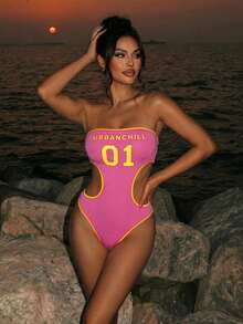 Swim SXY Body con estampado de letras y corte en la cintura para mujer - Blanco y Negro - Ver 10