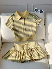 Comfortcana Bộ đồ nữ thời trang đa năng gồm áo polo kẻ sọc cài cúc và chân váy ngắn thắt eo, set 2 món Zoey Outfit Ytk Clothes Zoo Outfit Summer Casual Sets Summer Outfits Festival Outfit Women's Day Beach Graduation Elegant Casual Vacation Outfits For Women Sports Women's Sports Shorts Y2k Tops Yellow Ans Gery Stripe Country Sets For Women - Nhiều màu - Xem 5