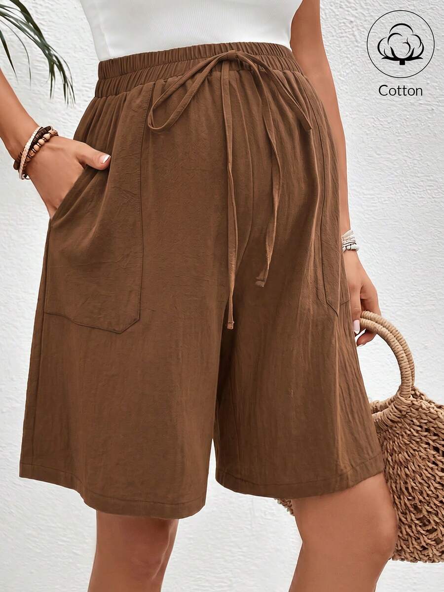 SHEIN 孕妇纯色扭结口袋休闲阔腿短裤 - 咖啡棕 - 查看 1