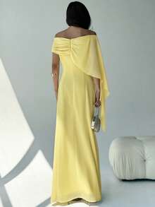 Aloruh Elegant Yellow Summmer Tropical Cocktail Maxi Dress,Off-Shoulder Boat Neck Flowy Mermaid Hem Design Birthday Party Gown Suitable For Wedding Guests - Yellow - View 5