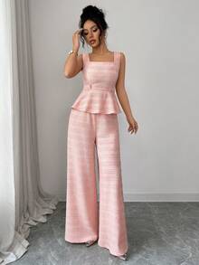 SHEIN Elenzya Women's Soft Pink Summer Elegant 2-Piece Set Textured Square Neck Sleeveless Ruched Waist Gold Trim Pearl Button High Waist Wide Leg Pants Tea Party - Pink - View 3