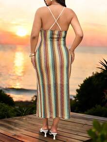Sunnyshic Vestido Midi Boêmio Casual de Férias com Decote em V Texturizado, Alças Finas e Fenda Lateral, Estampa Colorida de Listras, para Mulheres Plus Size, Vestido Saída de Praia, Vestido Capa de Maiô Bikini, Vestido Zanea, Roupa de Férias Feminina, Vestido de Verão para Mulheres, Vestido de Praia - Multicolorido - Visão 2