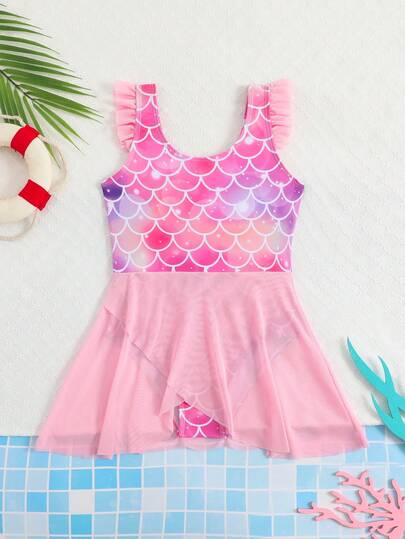 Bộ đồ bơi liền thân cho bé gái với họa tiết vảy cá, viền bèo nhún bằng lưới, kiểu dáng tối giản và thời trang, chất liệu vải dệt kim nhanh khô, thoải mái, thích hợp cho bãi biển, hồ bơi, lướt sóng, kỳ nghỉ, mùa hè, họa tiết ngẫu nhiên.