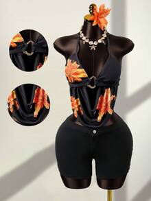 Zestiva Top de bikini con estampado floral tropical, cuello halter, para uso casual en la playa y vacaciones de verano de las mujeres - Multicolor - Ver 4