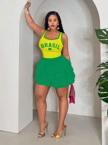 Slaydiva Women's Plus Size Green Summer Grunge Everyday Brasil Letter Print Slim Cropped Tank Top And Layered Ruffle Shorts 2pcs Set,Music Festival Outfit - Multicolor - View 6