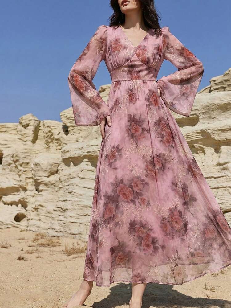 Spring/Summer Floral Print Dress, Elegant Fit For Wedding, Party, Formal Occasion, Commute Maxi Dress Sundress Boho Vacation Outfits Women