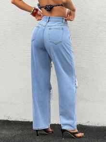 Rivivi 女士休闲街头风破洞毛边牛仔裤 - 藍色 - 查看 2