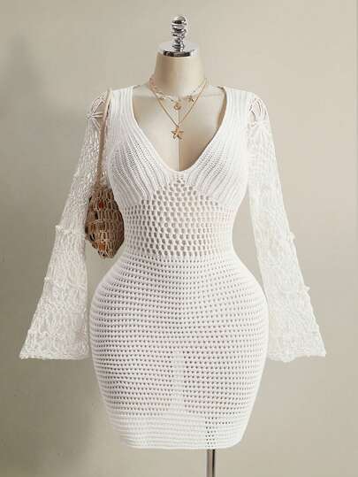 SHEIN ICON 大码女式深V领白色针织连衣裙