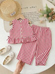 SHEIN LMoss Kids 女婴条纹圆领上衣和宽松休闲裤两件套 - 彩色 - 查看 1