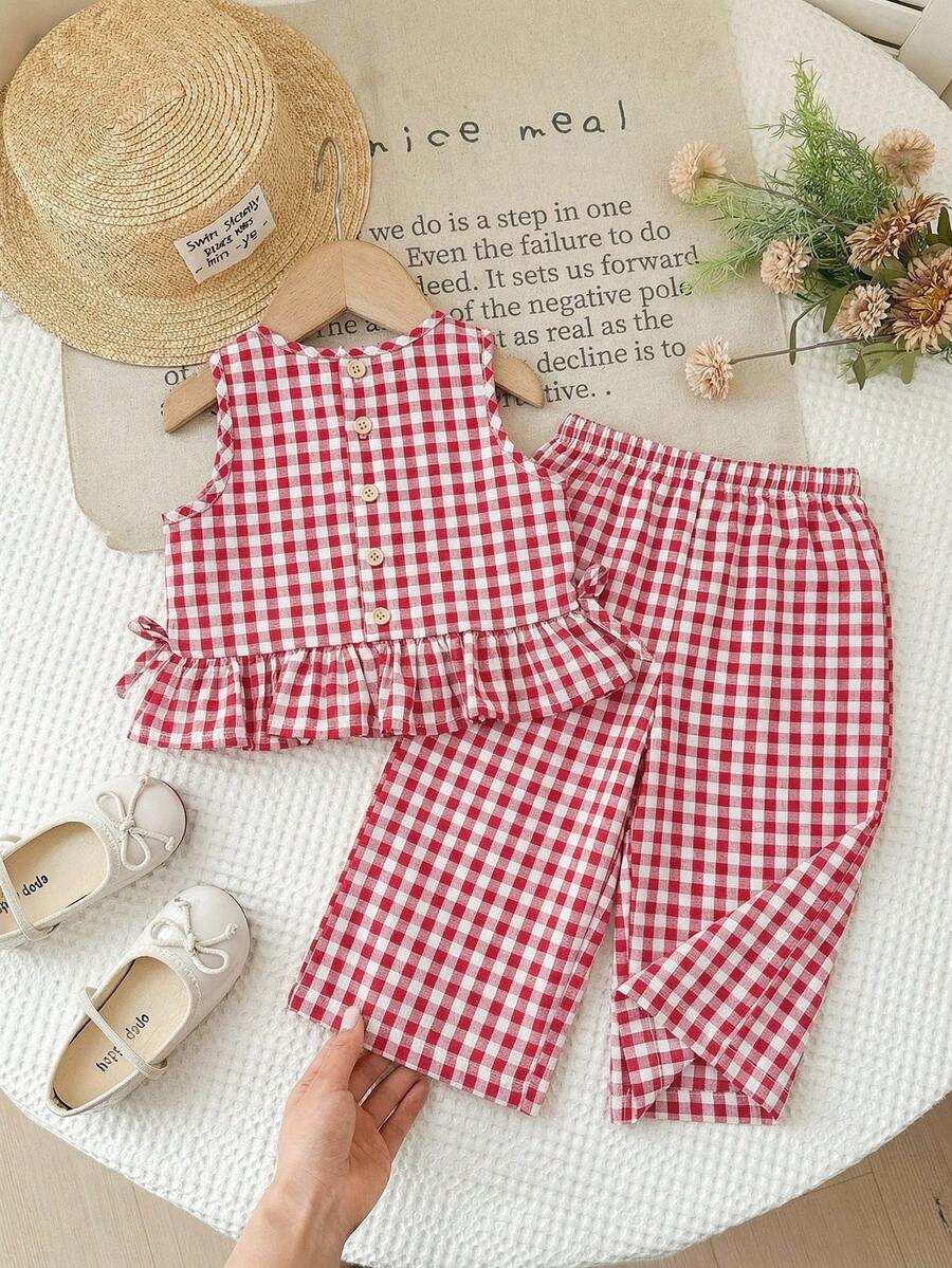 SHEIN LMoss Kids 女婴条纹圆领上衣和宽松休闲裤两件套 - 彩色 - 查看 1