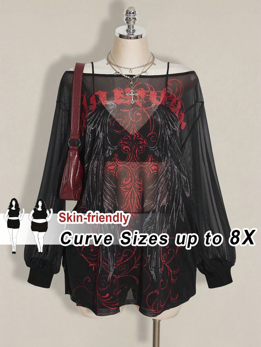 SHEIN CURVE+ 大码女式字母翅膀印花露肩长袖网纱连衣裙 - 黑色 - 查看 1