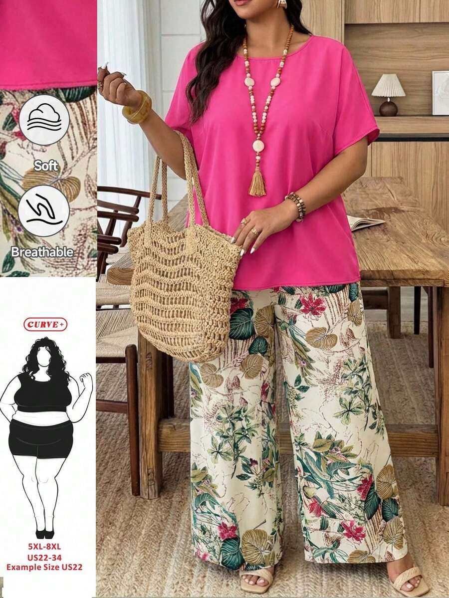 SHEIN CURVE+ Bộ 2 món dành cho nữ cỡ lớn, áo sơ mi rộng rãi và quần họa tiết hoa nhí, thích hợp cho kỳ nghỉ. - Nhiều màu - Xem 1