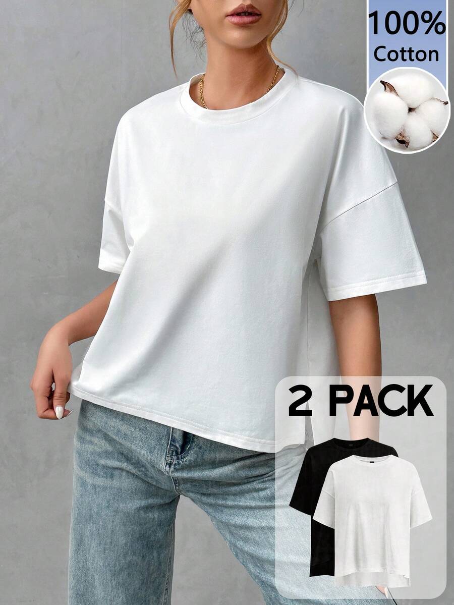 SHEIN Essnce Bộ 2 áo thun nữ tối giản, cơ bản, 95% cotton, tay ngắn trước, lưng dài, kiểu dáng thanh lịch, phù hợp cho các buổi đi chơi, phối đồ, du lịch, nghỉ mát. - Nhiều màu - Xem 1