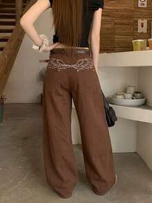 DAZY Women's Loose Embroidered Korean Style Washed Denim Jeans, Versatile For Spring And Summer - Coffee Brown - View 4