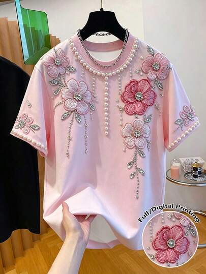 INAWLY Camiseta de manga corta holgada con adornos florales y de perlas para mujer, verano 2026