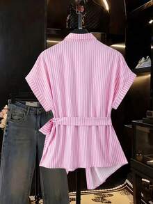SHEIN Franclia Women's Pink And White Striped Shirt,Summer Elegant Holiday Vacation Holiday Casual Minimalist Button Short Sleeve Stand Collar Versatile Commute - Multicolor - View 2