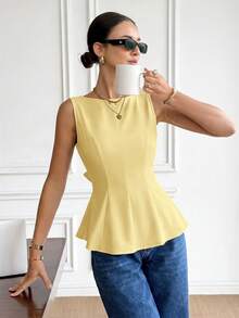 Camisa de lino sin mangas para mujer con cuello barco, estilo bohemio, con bloques de color, espalda descubierta, con lazo - Amarillo claro - Ver 3