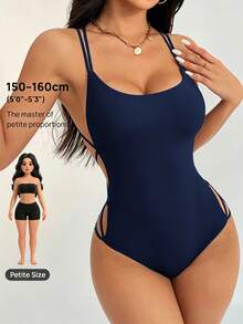 SHEIN PETITE Áo liền thân dệt kim không tay, ôm sát, buộc dây phía sau dành cho nữ, thích hợp cho mùa hè. - Màu xanh hải quân - Xem 7