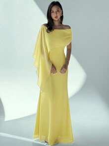 Aloruh Elegant Yellow Summmer Tropical Cocktail Maxi Dress,Off-Shoulder Boat Neck Flowy Mermaid Hem Design Birthday Party Gown Suitable For Wedding Guests - Yellow - View 7