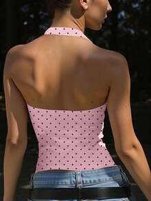 INAWLY Solva Áo tank top ngắn tay không tay cổ chữ V, hở lưng, chấm bi dành cho nữ, thích hợp cho mùa hè. - Nhiều màu - Xem 2