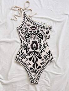SHEIN WYWH Body de mujer con estampado total y cuello asimétrico sin mangas - Multicolor - Ver 2