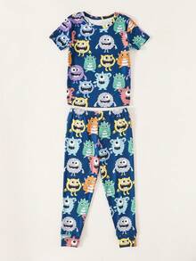 SHEIN Cartoon Cute Pattern Casual Minimalist Snug Fit Comfortable Round Neck Short Sleeve Pants Home Outfit, Suitable For Summer Children Pajamas Home Set - Multicolor - View 3