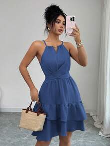 Elenzga Women's Spring/Summer Elegant Khaki Beaded Bow-Tie Sleeveless Fitted Flared Mini Dress Women Dress Best Selling Dresses Dress For Women Casual New Arrival Dress For Women - Blue - View 3