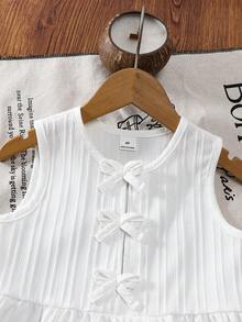 Genkimix Kids Young Girl White Sleeveless Top,Fresh Cute Summer Beach Holiday Outings,Lightweight Striped Fabric,3D Bow Decoration,Wide Ruffled Hem Casual Wear - White - View 7