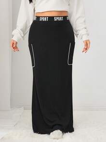 Mulvari Plus Size Letter Print Knit Band Casual Skirt With Pockets - Black - View 5